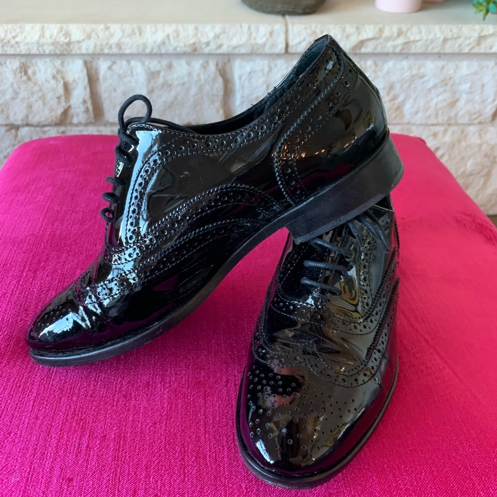 Patent-Style Brogue Lace-Up Flats in Black Patent
